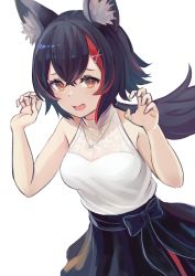 Rule 34 | 1girl, animal ear fluff, animal ears, bare arms, bare shoulders, black hair, black skirt, breasts, brown eyes, claw pose, cleavage, commentary, crossed bangs, embarrassed, enumiyaa, flipped hair, hair between eyes, hair ornament, hairclip, halterneck, high-waist skirt, highres, hololive, jewelry, long hair, looking at viewer, low ponytail, medium breasts, miniskirt, multicolored hair, necklace, ookami mio, ookami mio (street), red hair, see-through, shirt, simple background, skirt, sleeveless, sleeveless shirt, solo, streaked hair, upper body, virtual youtuber, white background, white shirt, wolf ears, wolf girl