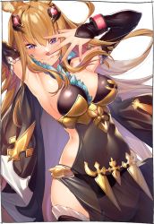 Rule 34 | 1girl, armpits, arms up, breasts, brown eyes, brown hair, elbow gloves, erune, fingerless gloves, gloves, granblue fantasy, hair ornament, hand up, kei (soundcross), leotard, long hair, looking at viewer, metera (granblue fantasy), mole, mole under mouth, nail polish, open hand, sideboob, simple background, solo, tongue, tongue out
