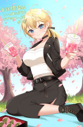Rule 34 | 1girl, belt, black belt, black choker, black footwear, black jacket, black skirt, blonde hair, blue eyes, blush, boots, breasts, cherry blossoms, choker, cleavage, closed mouth, day, drink, drinking straw, hair between eyes, highres, holding, holding drink, jacket, kantai collection, large breasts, long hair, looking at viewer, open clothes, open jacket, outdoors, skirt, smile, solo, tuscaloosa (kancolle), yomogi dango
