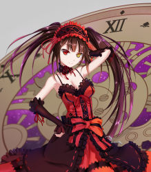 Rule 34 | 10s, 1girl, armpits, bad id, bad pixiv id, black hair, breasts, cleavage, clock eyes, date a live, detached sleeves, dress, hairband, heterochromia, lolita hairband, long hair, looking at viewer, red eyes, shan-n, smile, solo, symbol-shaped pupils, tokisaki kurumi, twintails