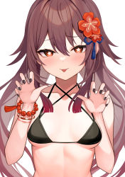 Rule 34 | 1girl, :p, absurdres, ai-assisted, alternate costume, bare arms, bare shoulders, bead bracelet, beads, bikini, black bikini, black nails, bracelet, breasts, brown hair, claw pose, criss-cross halter, flower, flower-shaped pupils, genshin impact, gradient hair, hair between eyes, hair flaps, hair flower, hair ornament, halterneck, hands up, highres, hu tao (genshin impact), jewelry, linea alba, long hair, multicolored hair, nail polish, paid reward available, plum blossoms, red eyes, red flower, red hair, senx, simple background, small breasts, solo, string bikini, swimsuit, symbol-shaped pupils, tassel, tassel hair ornament, tongue, tongue out, twintails, upper body, white background