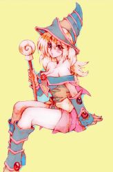 Rule 34 | 1girl, bad id, bad pixiv id, bare shoulders, blonde hair, blue eyes, blue footwear, boots, breasts, cleavage, dark magician girl, detached sleeves, duel monster, hat, large breasts, long hair, looking at viewer, matsuko (mrimri3), pentacle, sitting, solo, wand, witch hat, yellow background, yu-gi-oh!, yuu-gi-ou, yu-gi-oh! duel monsters