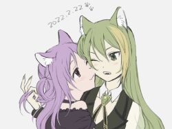 Rule 34 | 2girls, alina gray, animal ears, black vest, blush, cat ears, cheek-to-cheek, fang, gem, goo ii, green eyes, green gemstone, green hair, green nails, hat, heads together, highres, holding, holding own hair, long hair, looking at another, magia record: mahou shoujo madoka magica gaiden, magical girl, mahou shoujo madoka magica, medium hair, misono karin, multicolored hair, multiple girls, one eye closed, open mouth, puffy short sleeves, puffy sleeves, purple eyes, purple hair, short sleeves, simple background, smile, streaked hair, unworn hat, unworn headwear, vest