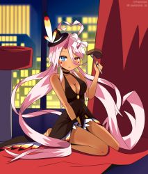Rule 34 | 1girl, absurdres, ahoge, azur lane, black dress, black hat, blue eyes, breasts, carving fork, cleavage, closed mouth, commentary, covered mouth, dark-skinned female, dark skin, dress, english commentary, expressionless, facepaint, feather-trimmed dress, food, fork, full body, hair between eyes, hat, heart, heart ahoge, heterochromia, highres, holding, holding fork, horns, indianapolis (azur lane), indianapolis (the light of circle city) (azur lane), indoors, long hair, looking at viewer, medium breasts, night, official alternate costume, panzsan, pink hair, pink horns, sleeveless, sleeveless dress, solo, steak, top hat, twintails, very long hair, window, yellow eyes