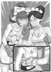 Rule 34 | 2girls, blunt bangs, boxer, boxing, boxing gloves, boxing shorts, breasts, cleavage, glasses, greyscale, grimace, hair bun, highres, long hair, maid, maid headdress, monochrome, mouth guard, multiple girls, narberal gamma, open mouth, overlord (maruyama), ponytail, punching, rggr, ryona, saliva, shorts, sports bra, stomach punch, sweat, yuri alpha