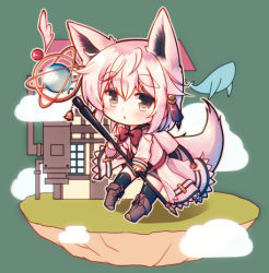 Rule 34 | 1girl, :o, animal ears, bad id, bad pixiv id, blush, boots, bow, bowtie, brown eyes, chibi, cloud, coat, fantasy, floating island, flying whale, fox ears, fox girl, fox tail, hair between eyes, holding, holding staff, house, looking at viewer, lowres, misaki yuu, original, parted lips, red bow, red bowtie, short hair, silver hair, solo, staff, tail, thick eyebrows, thighhighs, whale, white coat
