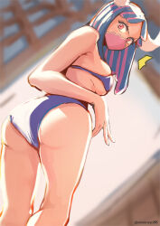 Rule 34 | 1girl, ^^^, alternate costume, aosora2823, ass, bikini, blue bikini, blue hair, blurry, blurry background, blush, breasts, commentary, covering own mouth, eyelashes, from behind, from below, glaring, highres, horns, large breasts, long hair, looking at viewer, looking back, mask, mouth mask, multicolored hair, one piece, parted bangs, pink eyes, pink hair, pink mask, solo, standing, swimsuit, twitter username, two-tone hair, ulti (one piece), v-shaped eyebrows