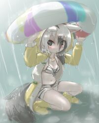 Rule 34 | 1girl, :o, aardwolf (kemono friends), aardwolf print, animal ears, animal print, arms up, bare legs, belly, bikini, bikini under clothes, black eyes, black hair, blush, boots, breasts, chibi, cleavage, collarbone, day, dripping, ears down, extra ears, eyes visible through hair, full body, furrowed brow, hair between eyes, hair over shoulder, highres, holding, holding swim ring, hood, hood up, innertube, jewelry, k (susiinochi24), kemono friends, kemono friends 3, long hair, long sleeves, looking at viewer, medium breasts, multicolored hair, navel, necklace, official alternate costume, open clothes, open fly, open shorts, outdoors, pale skin, parted bangs, parted lips, pendant, print bikini, print shorts, puddle, rain, raincoat, rubber boots, shell, shell necklace, short shorts, shorts, solo, squatting, stomach, swim ring, swimsuit, tail, two-tone hair, water, wet, wet clothes, wet face, wet hair, white hair, yellow raincoat