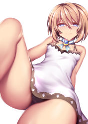Rule 34 | 1girl, bare shoulders, blanc (neptunia), blue eyes, breasts, closed mouth, dress, female focus, fi-san, green hair, hair between eyes, highres, knee up, neptune (series), panties, pantyshot, shiny skin, simple background, sleeveless, sleeveless dress, small breasts, smile, solo, thighs, underwear, white dress