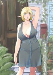 Rule 34 | 1girl, arm behind head, arm up, armpits, bare shoulders, black panties, blonde hair, blue eyes, blue shirt, breasts, buttons, collarbone, collared shirt, curvy, dress shirt, elf, garden, hair between eyes, large breasts, looking at viewer, mature female, no bra, open mouth, original, outdoors, panties, parted lips, plump, pointy ears, see-through, shirt, short hair, sleeveless, solo, standing, supi (inner map), underwear