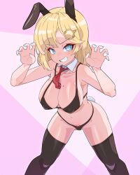 Rule 34 | 1girl, animal ears, black bra, black panties, black thighhighs, blonde hair, blue eyes, blue nails, bow, bow panties, bra, breasts, claw pose, commentary, covered erect nipples, detached collar, english commentary, fake animal ears, grin, highres, hololive, hololive english, large breasts, legs apart, looking at viewer, medium hair, mole, mole on breast, moral cacoethes, nail polish, paid reward available, panties, pink background, rabbit ears, simple background, smile, smirk, solo, thighhighs, underwear, underwear only, variant set, virtual youtuber, watson amelia