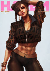 Rule 34 | 1girl, abs, absurdres, alternate costume, alternate hair length, alternate hairstyle, arm up, bangle, bracelet, braid, breasts, brown eyes, brown hair, capcom, chun-li, cleavage, commentary, contrapposto, cover, cowboy shot, cropped jacket, double bun, earrings, english commentary, eyeshadow, fake magazine cover, fashion, head tilt, highres, jewelry, large breasts, lips, lipstick, long braid, magazine cover, makeup, monori rogue, nose, pants, single braid, sleeves pushed up, solo, standing, strapless, street fighter, street fighter v, thick thighs, thighs, toned, tube top, yoga pants