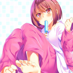 Rule 34 | 1girl, absurdres, bad id, bad pixiv id, barefoot, blush, brown eyes, brown hair, commentary request, feet, food, highres, jacket, llenn (sao), long sleeves, maechuu, matching hair/eyes, off shoulder, open clothes, open jacket, popsicle, short hair, sitting, soles, solo, sword art online, sword art online alternative: gun gale online, toes, tsurime