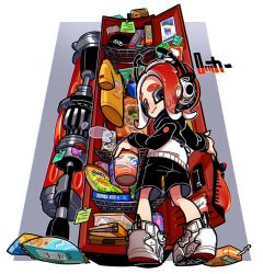 Rule 34 | 1girl, bag, black eyes, black shorts, black sweater, closed mouth, clothes hanger, commentary request, cup ramen, dynamo roller (splatoon), headphones, ink tank (splatoon), juice box, locker, looking back, medium hair, nintendo, note, octoling, octoling girl, octoling player character, poster (object), print bag, print shirt, red hair, shirt, shoes, shorts, solo, splatoon (series), splatoon 3, standing, sticker, sweater, tentacle hair, thick eyebrows, two-tone sweater, w0 tarou, weapon, white background, white footwear, white sweater, writing, yellow shirt