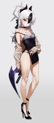 Rule 34 | 1girl, absurdres, black dress, black footwear, black hair, black halo, black horns, blue archive, blush, breasts, cleavage, dress, feipin zhanshi, full body, gradient hair, grey background, gun, halo, high heels, highres, holding, holding gun, holding weapon, horns, kayoko (blue archive), kayoko (dress) (blue archive), long hair, long sleeves, looking at viewer, medium breasts, multicolored hair, off shoulder, official alternate costume, parted lips, simple background, solo, standing, thighs, weapon, white hair