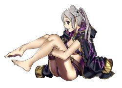 Rule 34 | 1girl, barefoot, belt, bikini, breasts, brown eyes, cleavage, ebinku, feet, fire emblem, fire emblem awakening, fire emblem heroes, from side, full body, highres, hood, hood down, intelligent systems, legs up, nintendo, open mouth, robin (female) (fire emblem), robin (fire emblem), simple background, sitting, soles, solo, swimsuit, thigh strap, toes, twintails, white background, white hair