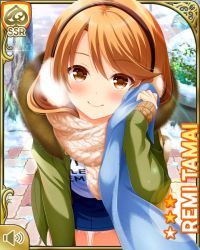 Rule 34 | 1girl, blue skirt, brown eyes, brown hair, card (medium), close-up, coat, day, denim, denim skirt, earmuffs, enpera, fur-trimmed coat, fur trim, girlfriend (kari), green coat, looking at viewer, low twintails, official art, outdoors, pink neckwear, qp:flapper, scarf, shirt, skirt, sleeves past wrists, smile, solo, tagme, tamai remi, thighhighs, twintails, white shirt, winter clothes, winter coat