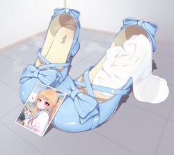 Rule 34 | absurdres, artist name, blonde hair, blue footwear, blush, commentary request, floor, high heels, highres, long hair, mary janes, original, pantyhose, photo (object), red eyes, school uniform, serafuku, shoes, signature, smell, smile, socks, twintails, v, white pantyhose, yao (pixiv9482697)