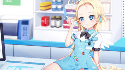 Rule 34 | 1girl, apron, arm support, black bow, blonde hair, blue apron, blue archive, blue eyes, blurry, blurry background, blush, bottle, bow, cellphone, chrisandita, collared shirt, commentary, condom box, depth of field, feathered wings, flip phone, forehead, halo, highres, holding, holding phone, indoors, long hair, looking away, mini wings, okamoto condoms, parted lips, phone, shelf, shirt, short sleeves, sitting, solo, sora (blue archive), striped, striped bow, two side up, very long hair, white shirt, white wings, wings
