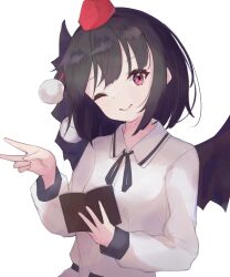Rule 34 | 1girl, ;), absurdres, bird wings, black hat, black wings, closed mouth, collared shirt, commentary request, hat, highres, holding, holding notebook, long sleeves, looking at viewer, matcha yado, notebook, one eye closed, red eyes, red hat, shameimaru aya, shirt, simple background, sky, smile, solo, tokin hat, touhou, upper body, white background, white shirt, wings