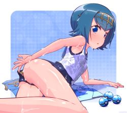 Rule 34 | 1girl, :o, alternate color, arm support, ass, bare arms, bare shoulders, black one-piece swimsuit, blue eyes, blue hair, blue pants, blue sailor collar, breasts, clothes pull, creatures (company), crop top, dive ball, game freak, hairband, k10k, lana (pokemon), lying, nintendo, on side, one-piece swimsuit, one-piece swimsuit pull, pants, parted lips, poke ball, pokemon, pokemon sm, polka dot, polka dot background, sailor collar, school swimsuit, shiny clothes, shiny skin, short hair, sleeveless, small breasts, solo, swimsuit, tank top, tareme, unworn pants, water, water drop, wet, worm