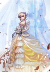 Rule 34 | 1girl, ahoge, alternate costume, artoria pendragon (all), artoria pendragon (fate), blonde hair, blue eyes, bouquet, breasts, bride, collarbone, commentary request, detached sleeves, dress, fate/stay night, fate (series), flower, frilled dress, frills, full body, gold dress, hair ribbon, highres, holding, holding bouquet, huge ahoge, long dress, medium breasts, multicolored clothes, multicolored dress, petals, puffy short sleeves, puffy sleeves, ribbon, saber (fate), short hair, short sleeves, smile, solo, standing, wedding dress, white dress, zm
