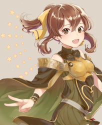 Rule 34 | 1girl, armor, bow, breastplate, brown hair, delthea (fire emblem), dress, fang, fire emblem, fire emblem echoes: shadows of valentia, grey background, hair bow, haru (nakajou-28), highres, long hair, nintendo, open mouth, ponytail, simple background, solo, upper body, v
