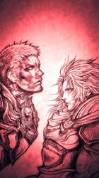 Rule 34 | 2boys, armor, beard, commentary request, eye contact, facial hair, final fantasy, glaring, highres, jack garland, looking at another, male focus, monochrome, multiple boys, nomura tetsuya, official art, scar, scar on face, scar on nose, short hair, sketch, spiked hair, stranger of paradise: final fantasy origin, upper body, very short hair, warrior of light (ff1)
