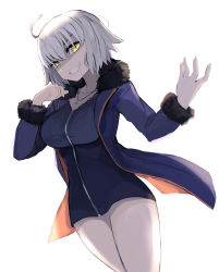 Rule 34 | 1girl, absurdres, ahoge, black dress, blue coat, breasts, coat, dress, fate/grand order, fate (series), full-length zipper, fur-trimmed coat, fur-trimmed jacket, fur-trimmed sleeves, fur trim, highres, jacket, jeanne d&#039;arc alter (fate), jeanne d&#039;arc alter (ver. shinjuku 1999) (fate), jewelry, large breasts, long sleeves, necklace, official alternate costume, open clothes, open coat, sakekasu (ban yuuki), short dress, short hair, silver hair, solo, white background, yellow eyes, zipper