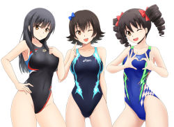 Rule 34 | 3girls, arena (company), asics, black hair, black one-piece swimsuit, blue bow, blue one-piece swimsuit, bow, brown eyes, competition swimsuit, contrapposto, covered navel, cowboy shot, drill hair, flipped hair, fuuma nagi, gluteal fold, hair bow, hair ornament, hair ribbon, heart, heart hands, long hair, looking at viewer, multiple girls, one-piece swimsuit, one eye closed, open mouth, original, red ribbon, ribbon, short hair, simple background, smile, speedo (company), standing, swimsuit, twin drills, twintails, white background