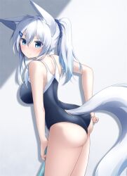 Rule 34 | 1girl, animal ear fluff, animal ears, arched back, ass, bare arms, bare shoulders, black one-piece swimsuit, blue eyes, breasts, fox ears, fox girl, fox tail, from side, grey background, grey hair, leaning forward, long hair, looking at viewer, looking to the side, medium breasts, one-piece swimsuit, original, ponytail, shirogane kasane, solo, surume aburi, swimsuit, tail