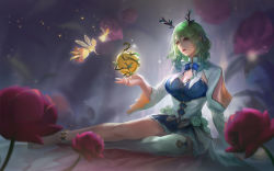 Rule 34 | 1girl, anklet, apple, blue bow, blue neckwear, blurry, blurry background, bow, breasts, ceres fauna, cglas, cleavage, fairy, flower, food, fruit, green hair, hair flower, hair ornament, highres, hololive, hololive english, horns, jewelry, large breasts, long hair, long sleeves, nail polish, puffy long sleeves, puffy sleeves, single thighhigh, sitting, thighhighs, virtual youtuber, white thighhighs, wide sleeves, yellow eyes