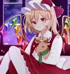 Rule 34 | 1girl, back bow, blonde hair, blush, bow, bowtie, buttons, closed mouth, collared shirt, crystal, fang, flandre scarlet, frilled shirt collar, frilled skirt, frills, hair between eyes, hat, hat ribbon, highres, holding, holding stuffed toy, long sleeves, looking at viewer, mob cap, one side up, pantyhose, red eyes, red ribbon, red skirt, red vest, reindeer plushie, ribbon, shirt, short hair, skirt, skirt set, snowing, solo, stuffed toy, touhou, vest, white bow, white hat, white pantyhose, white shirt, window, wings, yellow bow, yellow bowtie, yurui tuhu
