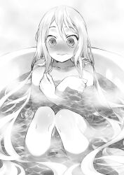 Rule 34 | 1girl, bathing, bathtub, blush, closed mouth, collarbone, commentary request, completely nude, covering breasts, covering privates, embarrassed, greyscale, hair between eyes, long hair, looking at viewer, moekon, monochrome, nude, original, partially submerged, sitting, solo, steam, very long hair, water, wavy mouth