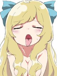 Rule 34 | 1girl, ahoge, blonde hair, blue ribbon, blush, breasts, closed eyes, commentary request, facing viewer, fang, hair censor, hair over breasts, hair ribbon, highres, jashin-chan, jashin-chan dropkick, kennin5, lamia, large breasts, long hair, monster girl, nude, open mouth, ribbon, saliva, simple background, solo, sweatdrop, tongue, tongue out, upper body, very long hair, white background