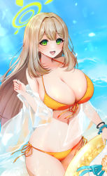 Rule 34 | 1girl, :d, bikini, blue archive, blush, bracelet, breasts, day, front-tie bikini top, front-tie top, green eyes, halo, halterneck, hand up, highres, holding, holding swim ring, innertube, jacket, jacket partially removed, jewelry, large breasts, light brown hair, looking at viewer, mochimochi dando, nonomi (blue archive), nonomi (swimsuit) (blue archive), official alternate costume, open mouth, see-through, see-through jacket, side-tie bikini bottom, smile, solo, swim ring, swimsuit, yellow bikini
