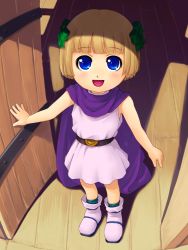 Rule 34 | 1girl, belt, blonde hair, blue eyes, blush, cape, child, door, dragon quest, dragon quest v, hair ribbon, hero&#039;s daughter (dq5), highres, open mouth, ribbon, short hair, smile, solo, square enix, stupa13a, tongue