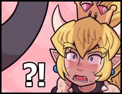Rule 34 | !?, 1girl, ayyk92, bare shoulders, black dress, blonde hair, blue eyes, blush, bowsette, collar, collarbone, constricted pupils, crown, dress, fang, hair between eyes, horns, mario (series), nervous sweating, new super mario bros. u deluxe, nintendo, off-shoulder dress, off shoulder, open mouth, pink background, pointy ears, scared, sexually suggestive, sparkle background, spiked collar, spikes, super crown, super mario bros. wonder, sweat, worried