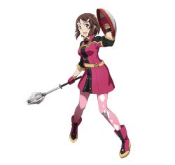 Rule 34 | 10s, 1girl, :d, asymmetrical legwear, boots, brown eyes, brown hair, dress, full body, gloves, hair ornament, hairclip, holding, holding weapon, lisbeth (sao), looking at viewer, open mouth, pink thighhighs, red dress, red footwear, red gloves, shield, short dress, short hair with long locks, sidelocks, simple background, smile, solo, standing, sword art online, thighhighs, uneven legwear, weapon, white background
