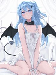 Rule 34 | 1girl, absurdres, bed, blue eyes, blue hair, blush, collar, collarbone, demon tail, demon wings, hair between eyes, hair ornament, hairclip, heart, heart-shaped pupils, highres, hololive, hoshimachi suisei, long hair, nightgown, norio (noriosub), pillow, side ponytail, sitting, solo, symbol-shaped pupils, tail, virtual youtuber, wariza, wings