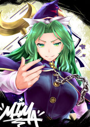 Rule 34 | 1girl, abstract background, arm up, bad id, bad pixiv id, blue cape, blue vest, breasts, cape, chain, character name, commentary request, crescent, evil grin, evil smile, fingernails, gradient background, green eyes, green hair, green nails, grin, hat, highres, kamiya ueshi, large breasts, long hair, long sleeves, looking at viewer, mima (touhou), nail polish, open hand, pentagram, shirt, smile, solo, space print, staff, standing, starry sky print, touhou, touhou (pc-98), tsurime, upper body, vest, white shirt, wizard hat