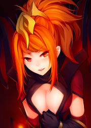 Rule 34 | 1girl, alternate costume, alternate hair color, black gloves, blush, breasts, center opening, elementalist lux, freckles, gloves, glowing, hair ornament, highres, league of legends, looking at viewer, lux (league of legends), magma elementalist lux, orange eyes, orange hair, ricegnat, shirt tug, smile, solo, sweat, wand