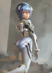 Rule 34 | 1girl, aro (charged time out), ass, ayanami rei, bad id, bad pixiv id, blue hair, bodysuit, from side, hair between eyes, kneeling, looking back, neon genesis evangelion, pilot suit, plugsuit, realistic, red eyes, science fiction, short hair, solo