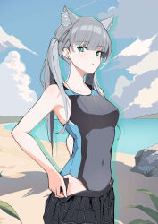 Rule 34 | 1girl, absurdres, alternate hair length, alternate hairstyle, animal ear fluff, animal ears, aqua eyes, beach, black one-piece swimsuit, black skirt, blue archive, blue eyes, blue sky, breasts, clothes pull, cloud, commentary request, competition swimsuit, covered navel, day, extra ears, highres, long hair, looking at viewer, medium breasts, ocean, official alternate costume, one-piece swimsuit, outdoors, plaid, plaid skirt, rinakataoka606, shiroko (blue archive), shiroko (swimsuit) (blue archive), skirt, skirt pull, sky, solo, swimsuit, twintails, wolf ears