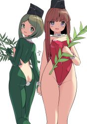 Rule 34 | 2girls, bamboo, branch, breasts, brown hair, butt crack, butt plug, anal tail, green eyes, green hair, hat, highleg, highleg leotard, huxiao (mistlakefront), leotard, meme attire, multiple girls, myouga (plant), nishida satono, open mouth, pixie cut, purple eyes, red leotard, reverse bunnysuit, reverse outfit, sex toy, short hair with long locks, signature, small breasts, smile, teireida mai, touhou, wrist cuffs