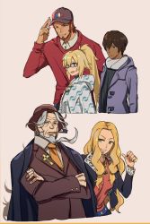Rule 34 | 2girls, 3boys, arjuna (fate), baseball cap, beard, black-framed eyewear, black shirt, blonde hair, brown hair, christopher columbus (fate), closed mouth, collared shirt, cross, crossed arms, dark-skinned male, dark skin, earrings, facial hair, fate/grand order, fate (series), glasses, grey background, grey hair, grey scarf, grin, hand on headwear, hat, highres, hoop earrings, hsin, jacket, jacket on shoulders, jeanne d&#039;arc (fate), jeanne d&#039;arc (ruler) (fate), jeanne d&#039;arc (swimsuit archer) (fate), jeanne d&#039;arc (swimsuit archer) (second ascension) (fate), jewelry, latin cross, long hair, long sideburns, long sleeves, mouth hold, multiple boys, multiple girls, napoleon bonaparte (fate), necklace, necktie, old, old man, ponytail, quetzalcoatl (fate), red hair, red sweater, scarf, shirt, sideburns, simple background, smile, smoking pipe, sweater, wing collar
