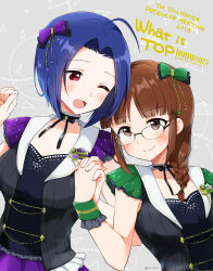 2girls ahoge akizuki_ritsuko armpits black_choker blue_hair blunt_bangs braid breasts brown_eyes brown_hair choker closed_mouth collarbone dot_nose dress english_text forehead glasses green_ribbon grey_background hair_ribbon hand_grab idolmaster idolmaster_(classic) idolmaster_million_live! idolmaster_million_live!_theater_days interlocked_fingers large_breasts looking_at_another looking_to_the_side merukyara miura_azusa multiple_girls one_eye_closed open_mouth parted_bangs purple_ribbon red_eyes ribbon short_hair sidelocks single_braid sleeveless sleeveless_dress smile straight_hair twitter_username upper_body yuri