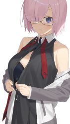 Rule 34 | 1girl, armor, armored dress, black dress, dress, fate/grand order, fate (series), glasses, hair over one eye, hayashi kewi, lab coat, looking at viewer, mash kyrielight, parted lips, purple eyes, purple hair, short hair, sleeveless, sleeveless dress, solo, sweat, unbuttoning, undressing, upper body