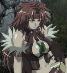 Rule 34 | 1girl, breasts, earrings, female focus, highres, jewelry, large breasts, leaf, long hair, purple eyes, queen&#039;s blade, queen&#039;s blade lost worlds, red hair, risty (queen&#039;s blade), sitting, solo, stitched, third-party edit
