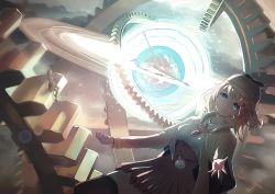 Rule 34 | 2girls, absurdres, blonde hair, blue eyes, brown legwear, brown sky, clockwork, cloud, cloudy sky, energy, fullheartart, gears, glowing, hat, high-waist skirt, highres, hololive, hololive english, lens flare, long hair, looking to the side, multiple girls, multiple views, outstretched arms, pocket watch, signature, sitting, skirt, sky, smile, spread arms, thighhighs, time machine, virtual youtuber, watch, watson amelia